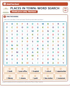 First page of Places in Town: Word Search, A1 worksheet