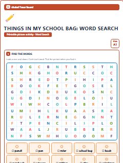 First page of Things in My School Bag: Word Search, A1 worksheet