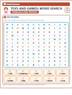 First page of Toys and Games: Word Search, A1 worksheet