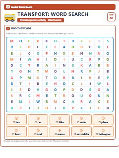 First page of Transport: Word Search, A1 worksheet