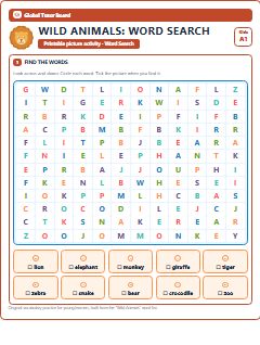 First page of Wild Animals: Word Search, A1 worksheet