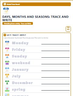 First page of Days, Months and Seasons: Trace and Write, A1 worksheet