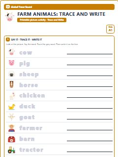 First page of Farm Animals: Trace and Write, A1 worksheet