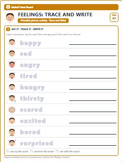 First page of Feelings: Trace and Write, A1 worksheet