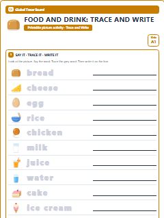 First page of Food and Drink: Trace and Write, A1 worksheet
