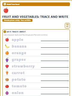 First page of Fruit and Vegetables: Trace and Write, A1 worksheet