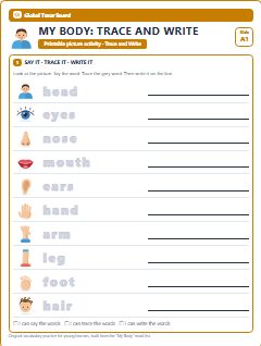 First page of My Body: Trace and Write, A1 worksheet