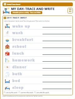 First page of My Day: Trace and Write, A1 worksheet