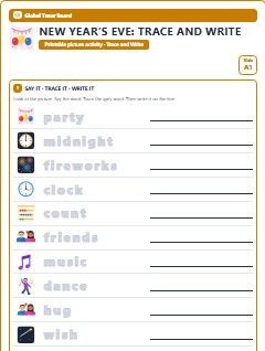 First page of New Year’s Eve: Trace and Write, A1 worksheet