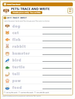 First page of Pets: Trace and Write, A1 worksheet