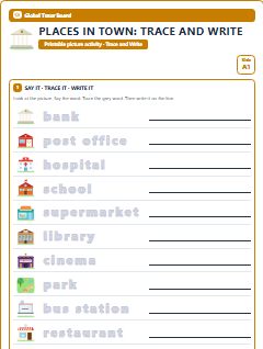 First page of Places in Town: Trace and Write, A1 worksheet