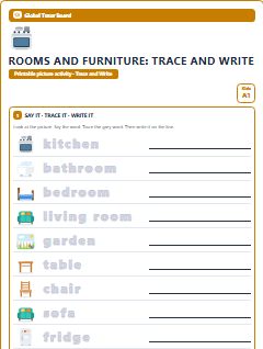 First page of Rooms and Furniture: Trace and Write, A1 worksheet