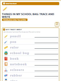 First page of Things in My School Bag: Trace and Write, A1 worksheet