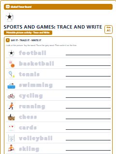 First page of Sports and Games: Trace and Write, A1 worksheet
