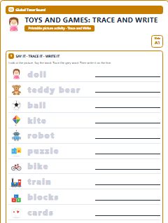 First page of Toys and Games: Trace and Write, A1 worksheet