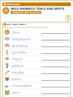 First page of Wild Animals: Trace and Write, A1 worksheet