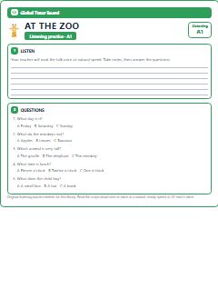 First page of Listening: At the Zoo, A1 listening task