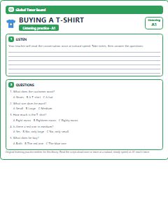 First page of Listening: Buying a T-shirt, A1 listening task
