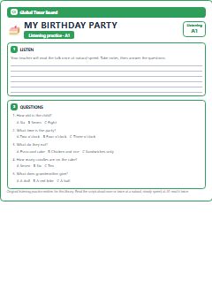 First page of Listening: My Birthday Party, A1 listening task