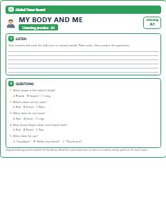First page of Listening: My Body and Me, A1 listening task