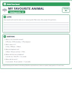 First page of Listening: My Favourite Animal, A1 listening task