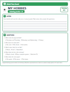 First page of Listening: My Hobbies, A1 listening task