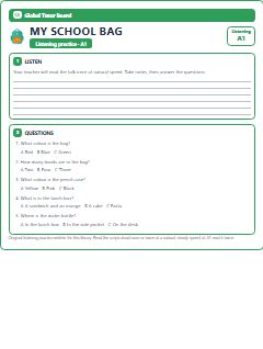 First page of Listening: My School Bag, A1 listening task