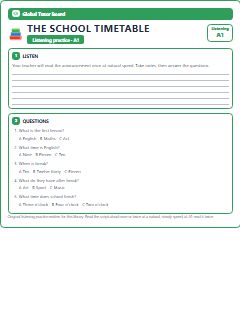 First page of Listening: The School Timetable, A1 listening task