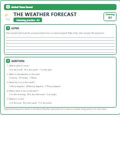 First page of Listening: The Weather Forecast, A1 listening task