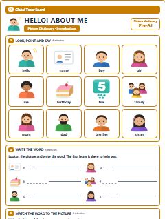 First page of Picture Dictionary: Hello! About Me, Pre-A1 vocabulary list