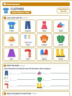 First page of Picture Dictionary: Clothes, Pre-A1 vocabulary list