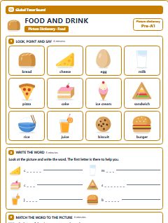 First page of Picture Dictionary: Food and Drink, Pre-A1 vocabulary list