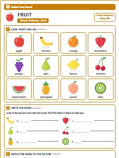 First page of Picture Dictionary: Fruit, Pre-A1 vocabulary list