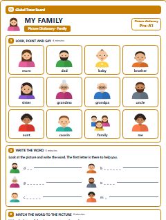 First page of Picture Dictionary: My Family, Pre-A1 vocabulary list