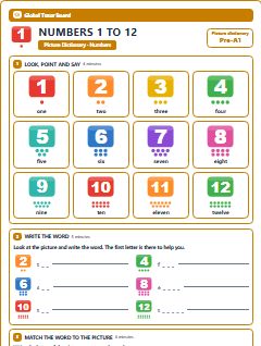 First page of Picture Dictionary: Numbers 1 to 12, Pre-A1 vocabulary list