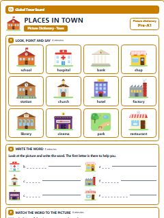 First page of Picture Dictionary: Places in Town, Pre-A1 vocabulary list