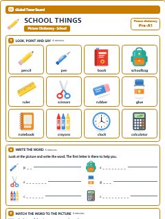 First page of Picture Dictionary: School Things, Pre-A1 vocabulary list