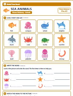First page of Picture Dictionary: Sea Animals, Pre-A1 vocabulary list