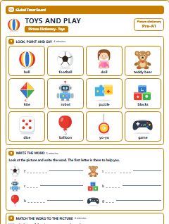 First page of Picture Dictionary: Toys and Play, Pre-A1 vocabulary list