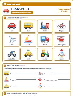 First page of Picture Dictionary: Transport, Pre-A1 vocabulary list