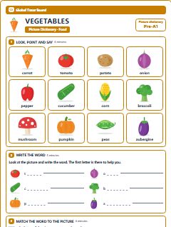 First page of Picture Dictionary: Vegetables, Pre-A1 vocabulary list