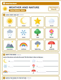 First page of Picture Dictionary: Weather and Nature, Pre-A1 vocabulary list