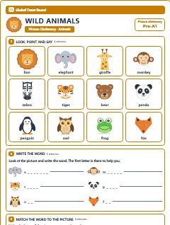 First page of Picture Dictionary: Wild Animals, Pre-A1 vocabulary list