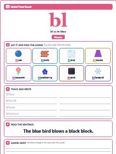 First page of Phonics: bl, Pre-A1 phonics sheet