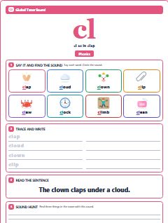 First page of Phonics: cl, Pre-A1 phonics sheet