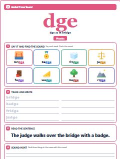 First page of Phonics: dge, Pre-A1 phonics sheet