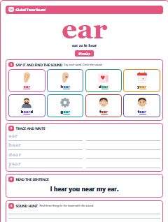 First page of Phonics: ear, Pre-A1 phonics sheet