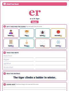 First page of Phonics: er, Pre-A1 phonics sheet