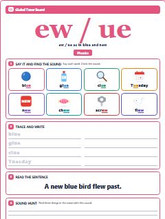First page of Phonics: ew / ue, Pre-A1 phonics sheet