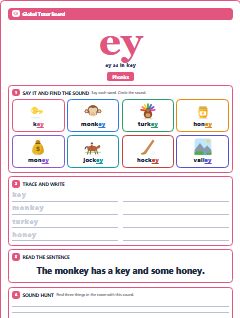 First page of Phonics: ey, Pre-A1 phonics sheet